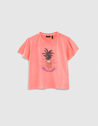 Girls’ neon pink T-shirt with embroidered pineapple image - IKKS