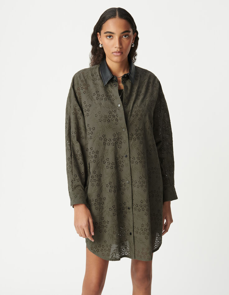 Vestido camisero caqui algodón orgánico broderie anglaise Mujer-2