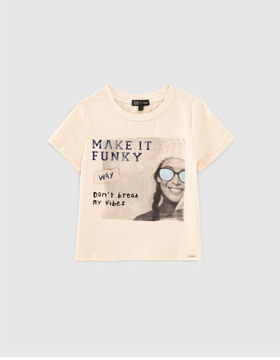 Girls’ mastic cropped T-shirt with girl image and slogan - IKKS