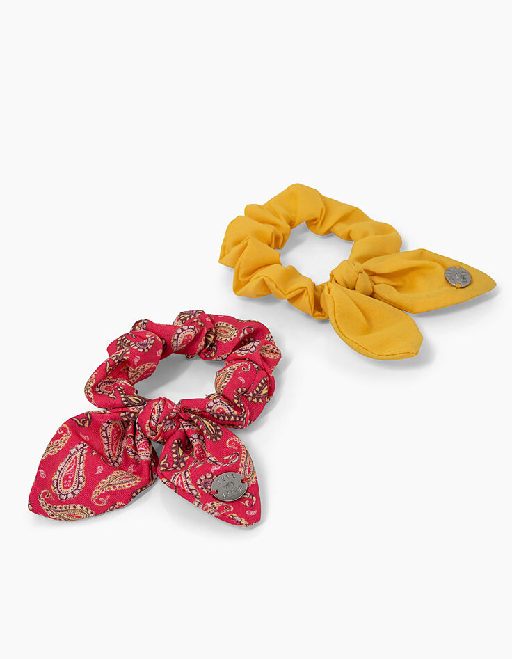 Girls' medium pink and yellow scrunchies-1 Girls' medium pink and yellow scrunchies-1