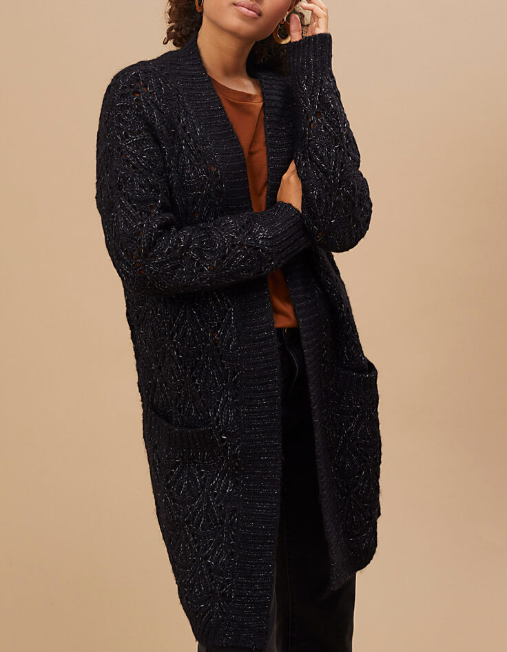Schwarzer, lange Zierstrickjacke I.Code-2
