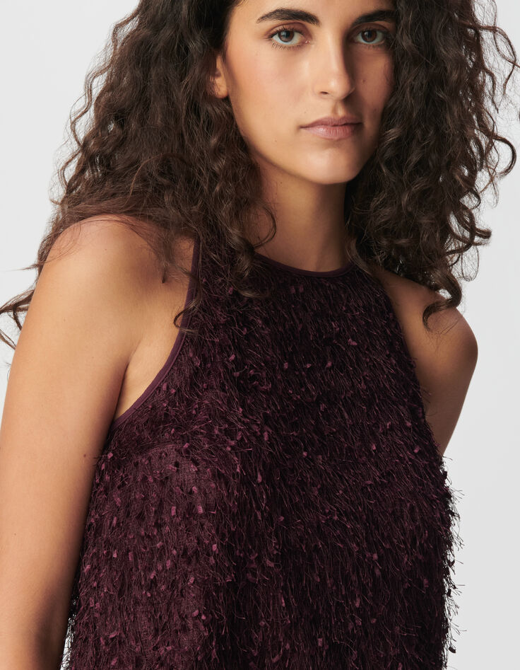 Top cropped sin mangas burdeos pluma mujer-4