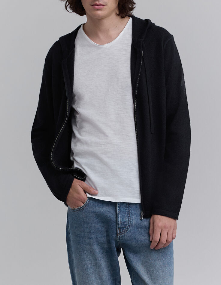 Cardigan noir zipp&eacute; &agrave; capuche 100% cachemire Homme-1