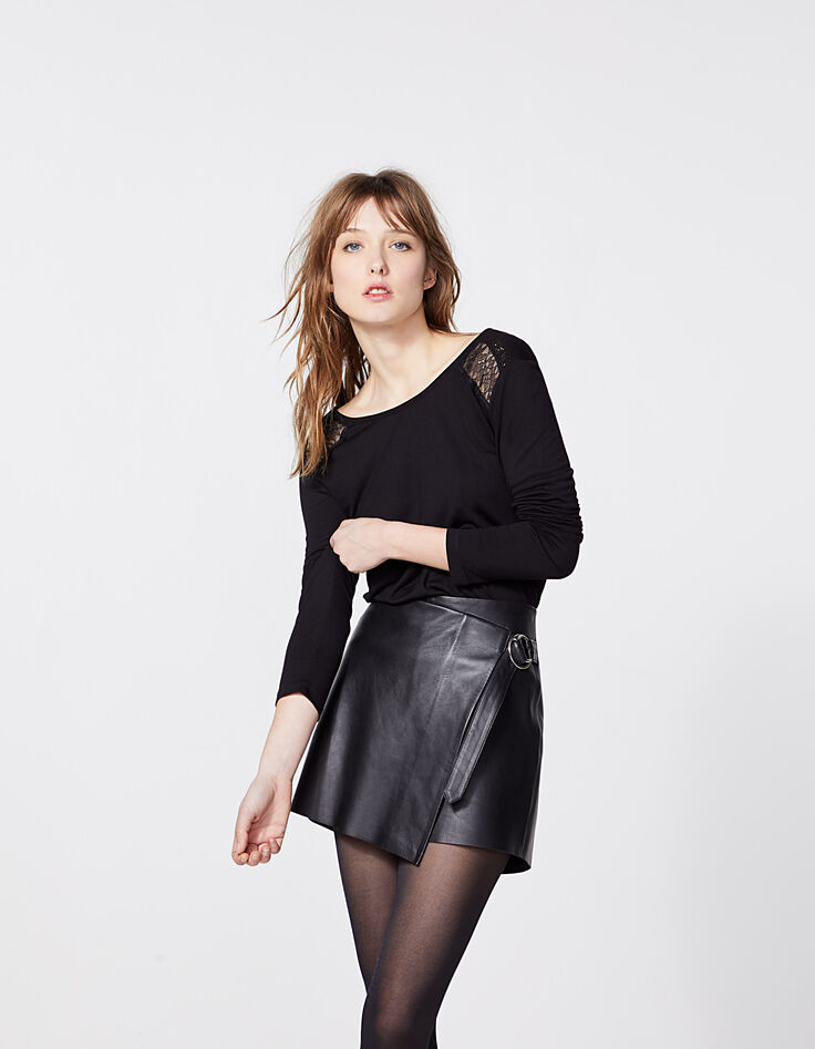 Tee-shirt col V noir en viscose dentelle dos femme-2