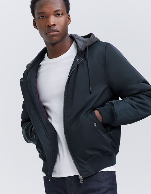 Bomber marine en nylon capuche amovible Homme
