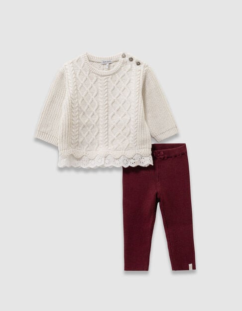 Set gebreide ecru trui en bordeaux legging babymeisjes - IKKS