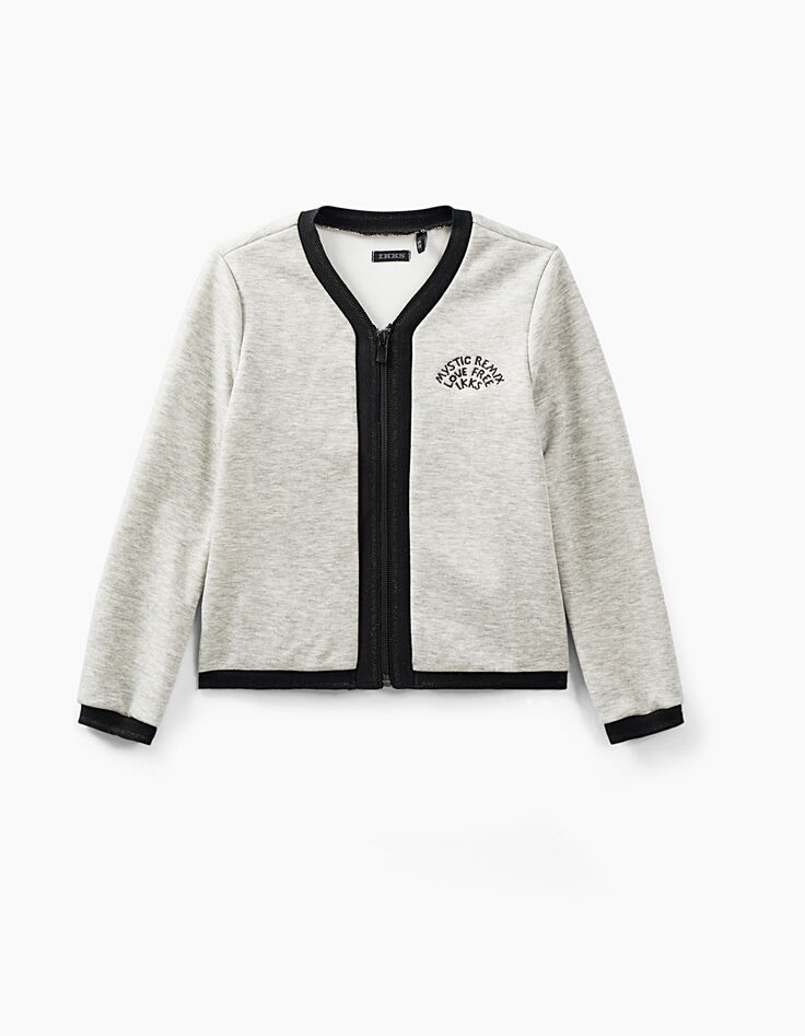 Cardigan gris chiné à galons rayés noirs fille-1