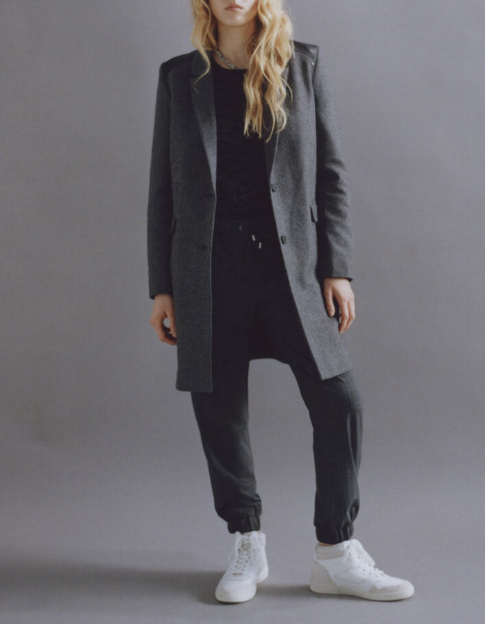 Manteau gris en lainage chevron avec épaulettes en cuir femme - IKKS