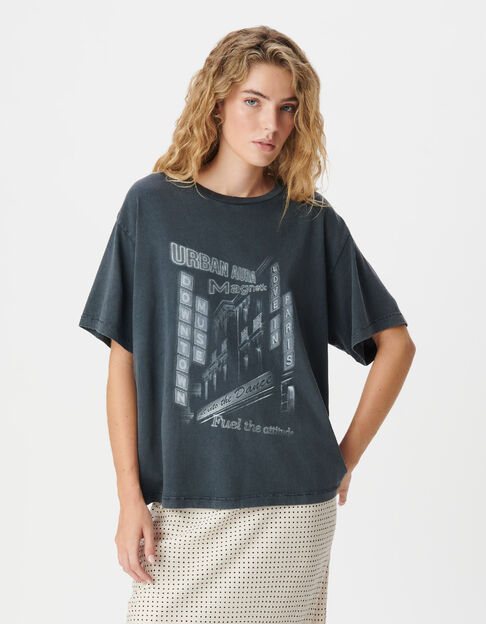 Tee-shirt gris print immeubles et messages Femme - IKKS