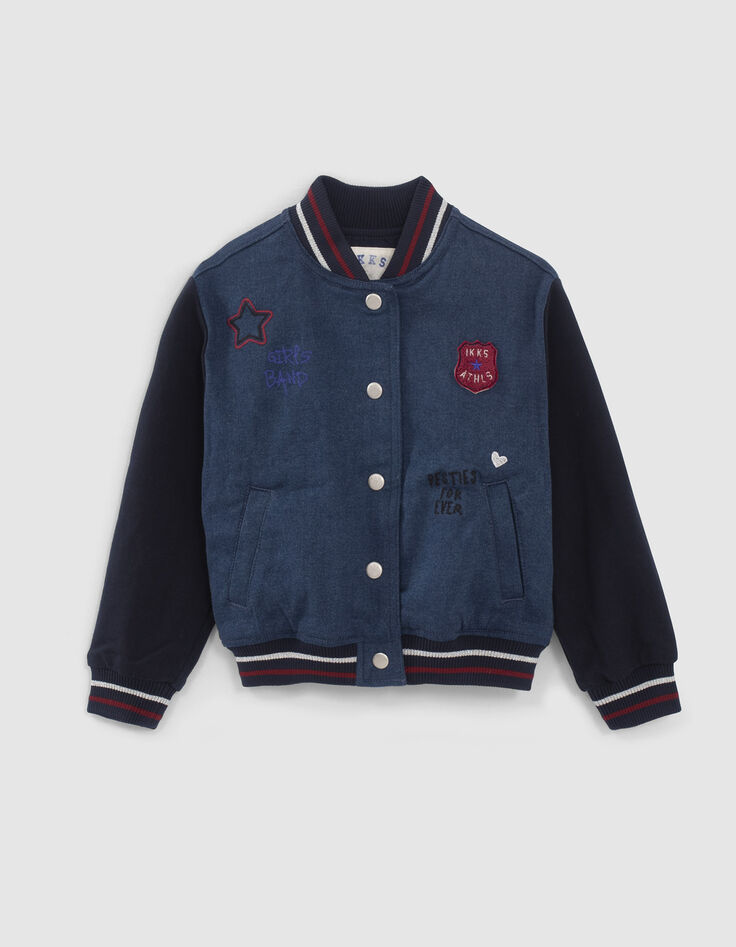 Bestickte Jeans-Mädchenteddyjacke, marineblau, Materialmix-1