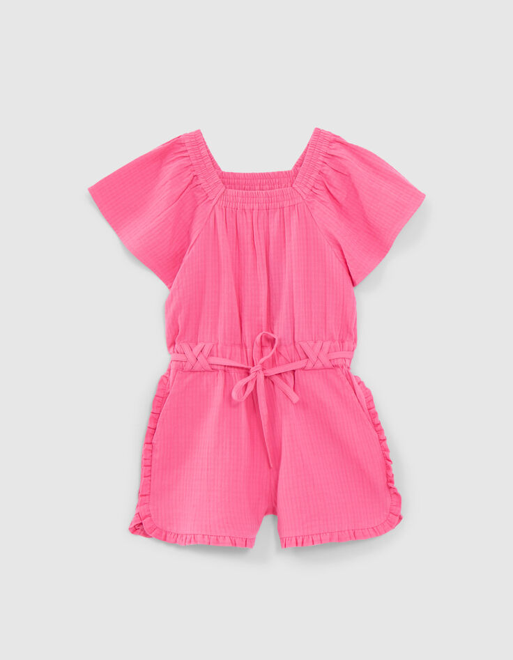 Girls' pink waffle playsuit with elasticated neckline-1