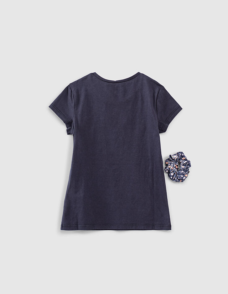Navy bio T-shirt met bloemenscrunchie meisjes-2