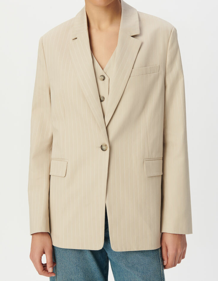 Veste de tailleur beige motif rayures tennis Femme-5 Veste de tailleur beige motif rayures tennis Femme-5