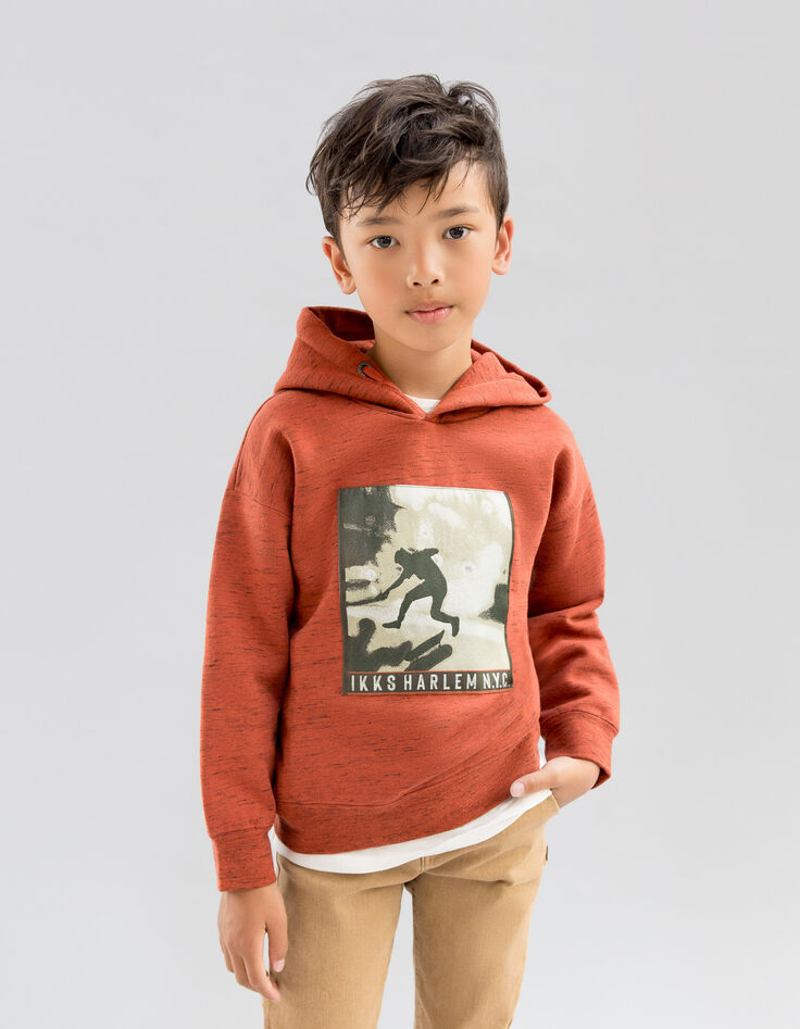 Boys’ dark red marl hoodie with skateboarder image-2