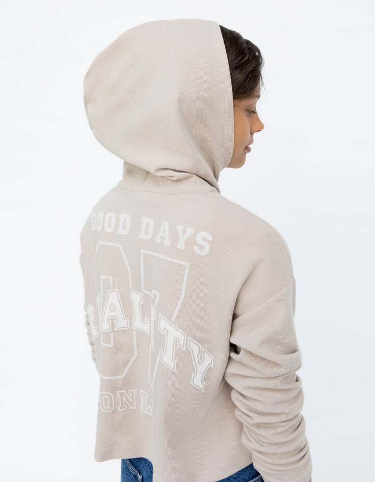 Girls&rsquo; beige hooded T-shirt with XL print on back-8
