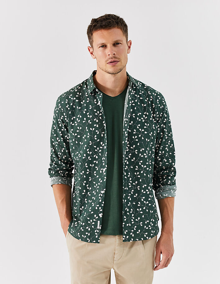 Men’s green small leaf print organic SLIM shirt - IKKS