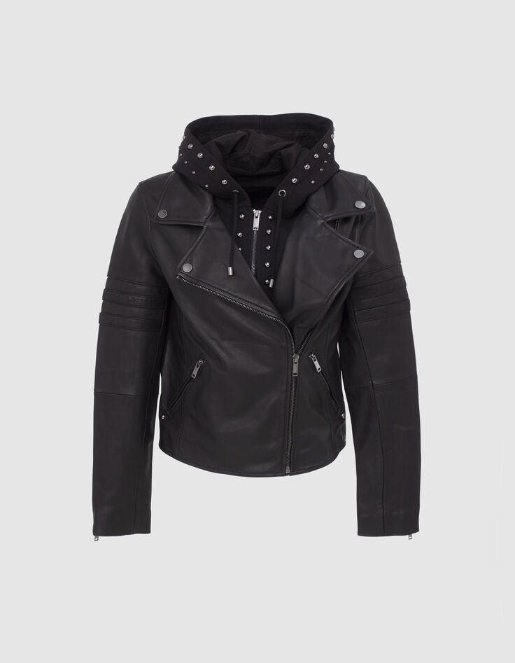 Zwart leren jasje bikerstijl afneembaar beleg Dames-7