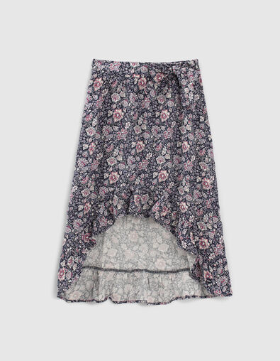 Girls’ navy flower print Lenzing™ Ecovero™ asymmetric skirt - IKKS