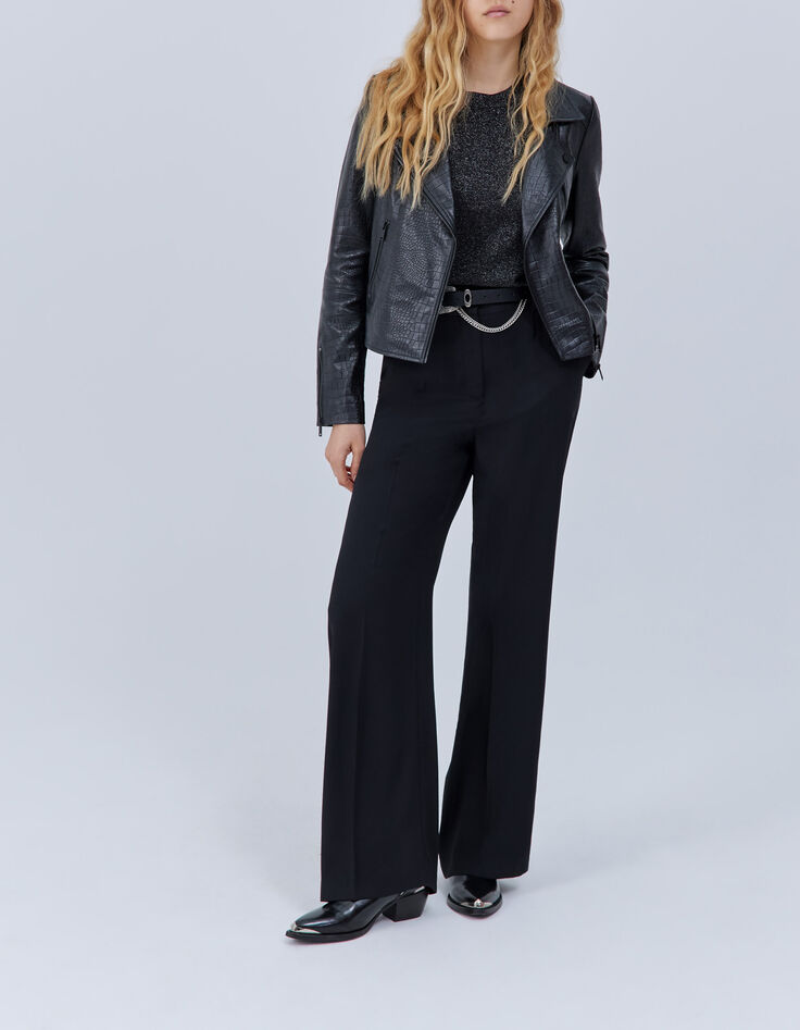 Women’s black crocodile-embossed leather biker jacket-7 Women’s black crocodile-embossed leather biker jacket-7