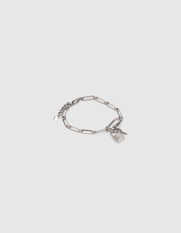 Bracelet grosse maille argenté mousqueton et charms femme-1