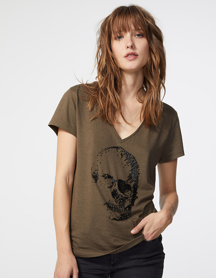 Damen-T-Shirt aus Baumwollmodal mit Totenkopf und Perlen-1