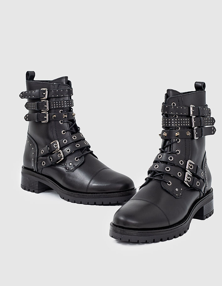 Women’s black studded 5buckle leather combat boots