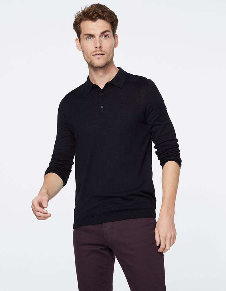 Men’s black knit long sleeve polo shirt-3