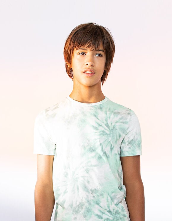 Boys' white T-shirt with mint tie-dye sleeves