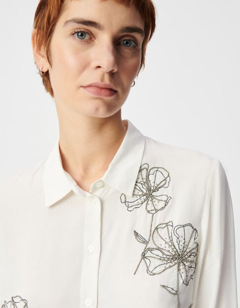 Camisa blanca de manga larga con bordados de perlas Mujer - IKKS