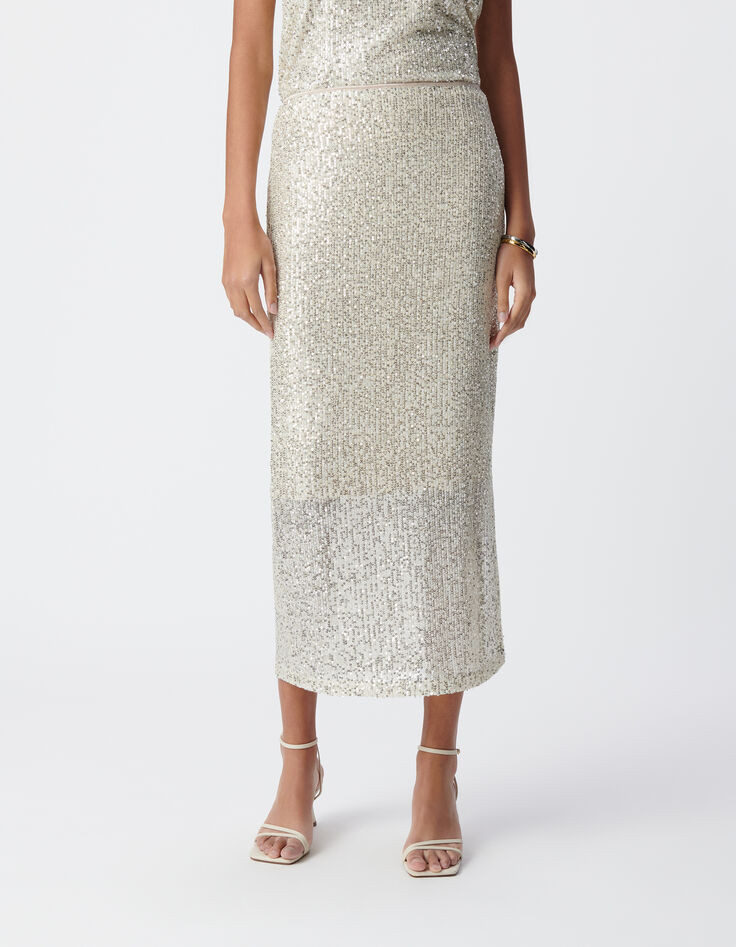 Sequin-embroidered silver midi skirt Women-3