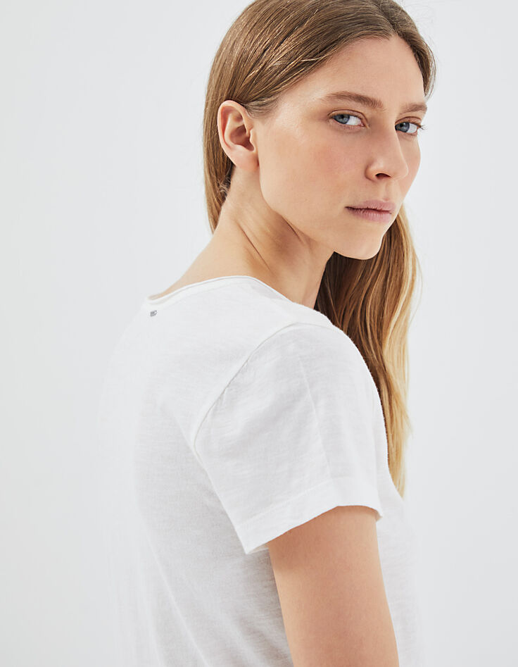 Gebroken wit T-shirt gevlamd katoen, glittertekst dames-5