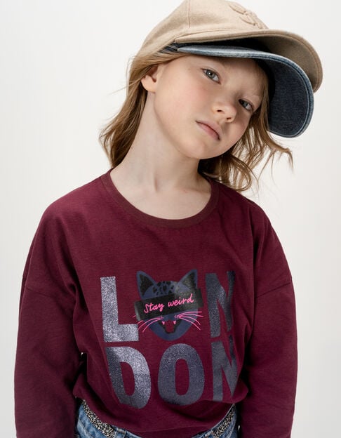 T-shirt bordeaux coton bio message et chat fille - IKKS