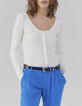 Cardigan blanc cassé en tricot côtelé à col danseuse Femme-1