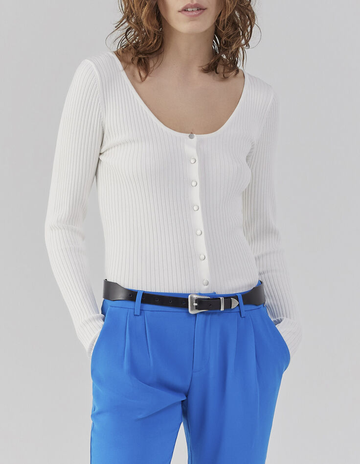 Cardigan blanc cassé en tricot côtelé à col danseuse Femme-1