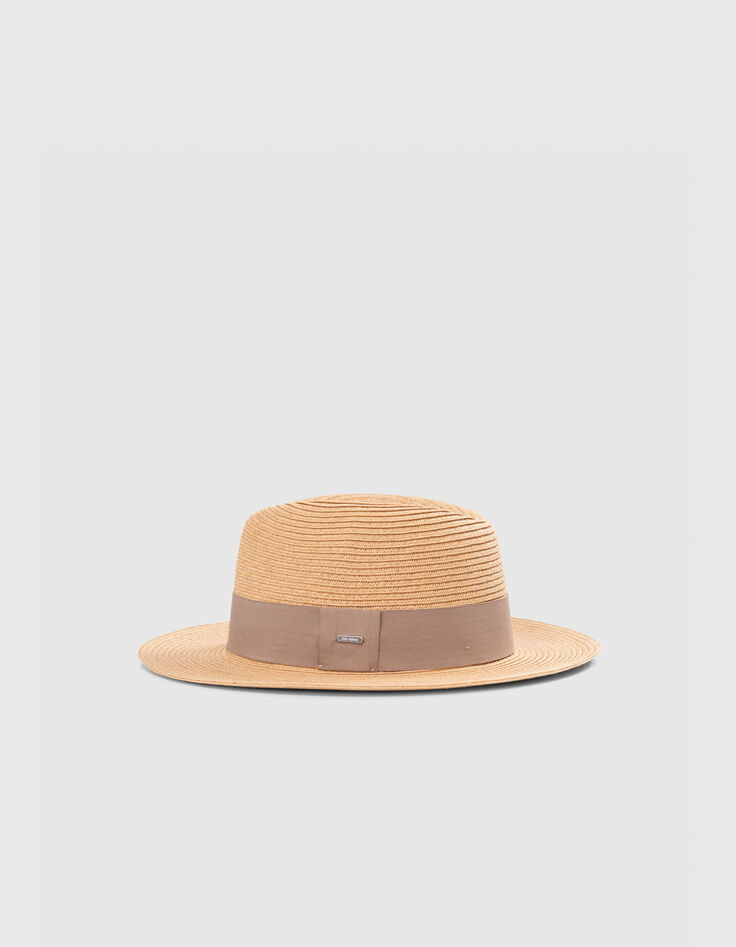 Women&rsquo;s beige straw-style hat with taupe braid-1