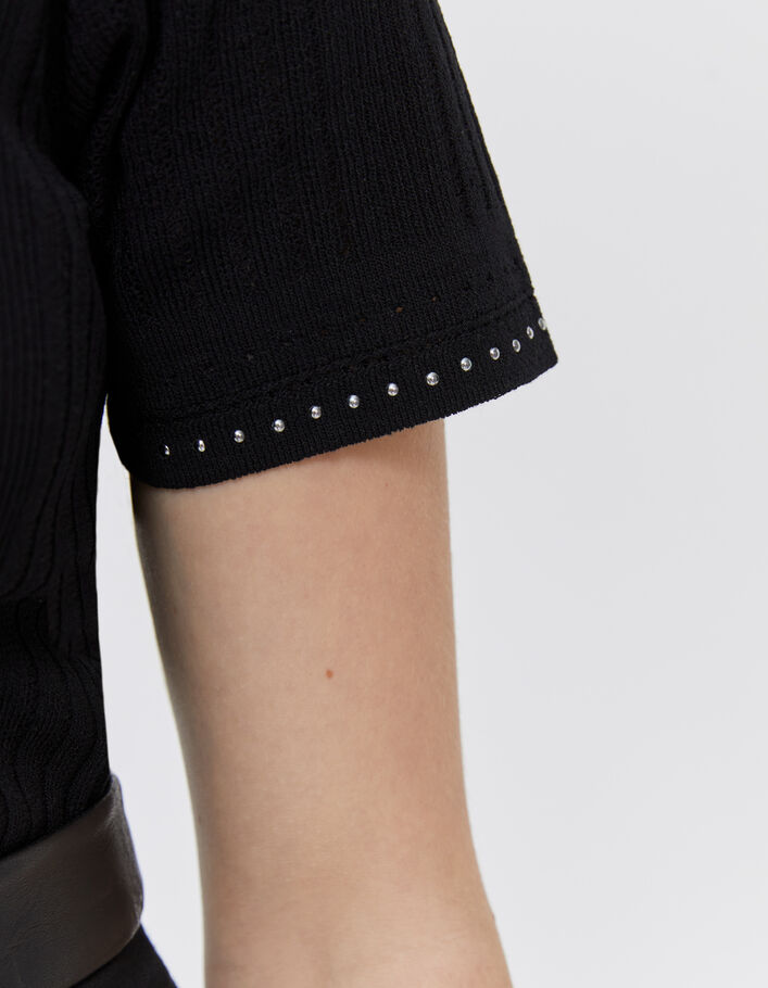 Pull noir tricot avec jeu de côtes et décor clous Femme - IKKS