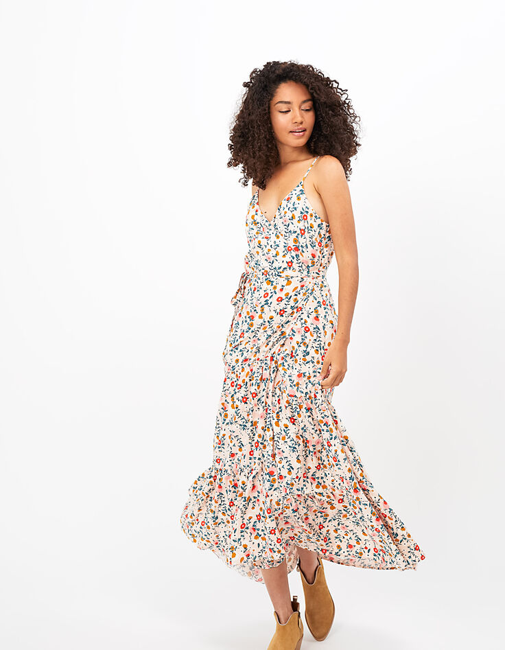 Robe longue rose poudré à imprimé floral et doré I.Code-2