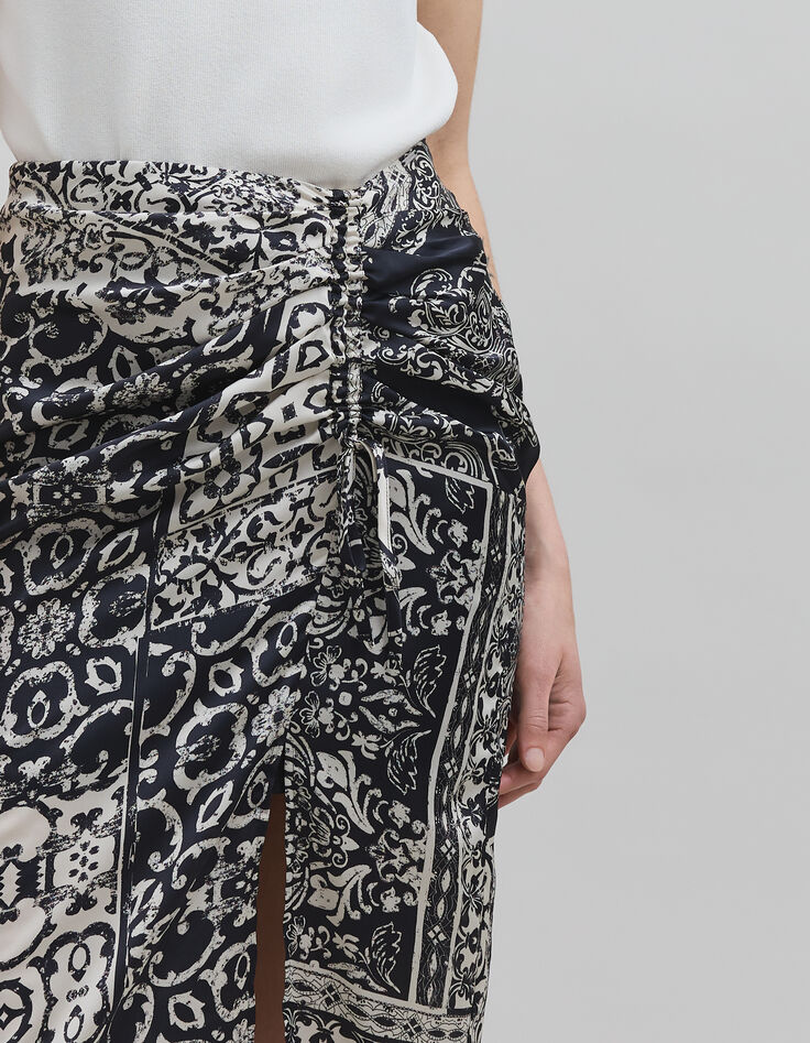Falda negra fruncida estampado patchwork pa&ntilde;uelo Mujer-7