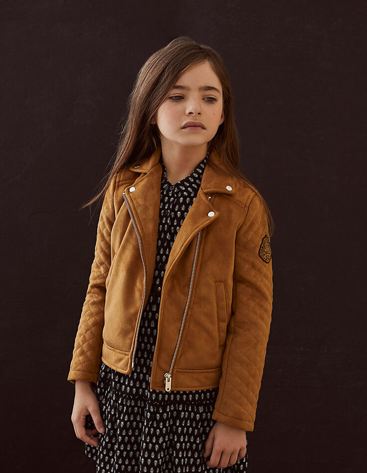 Camelbraune Mädchenbikerjacke aus Veloursleder-1