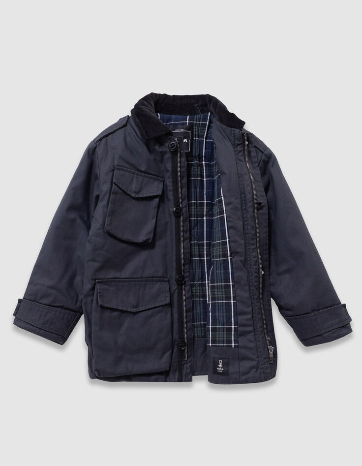 Schwarzer Jungenparka mit vielen Taschen und Velourskragen-8