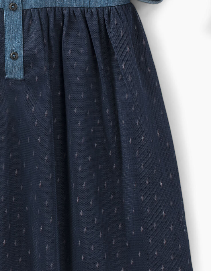 Vestido camisero índigo bi-tejido con tul niña-5