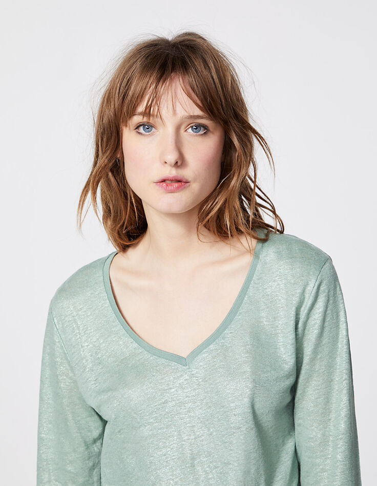 Camiseta verde almendra manga larga lino foil mujer-5