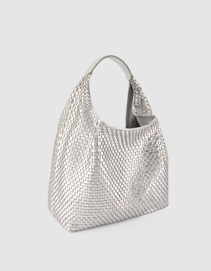Sac Hobo argent&eacute; cuir tress&eacute; Taille L Femme-2