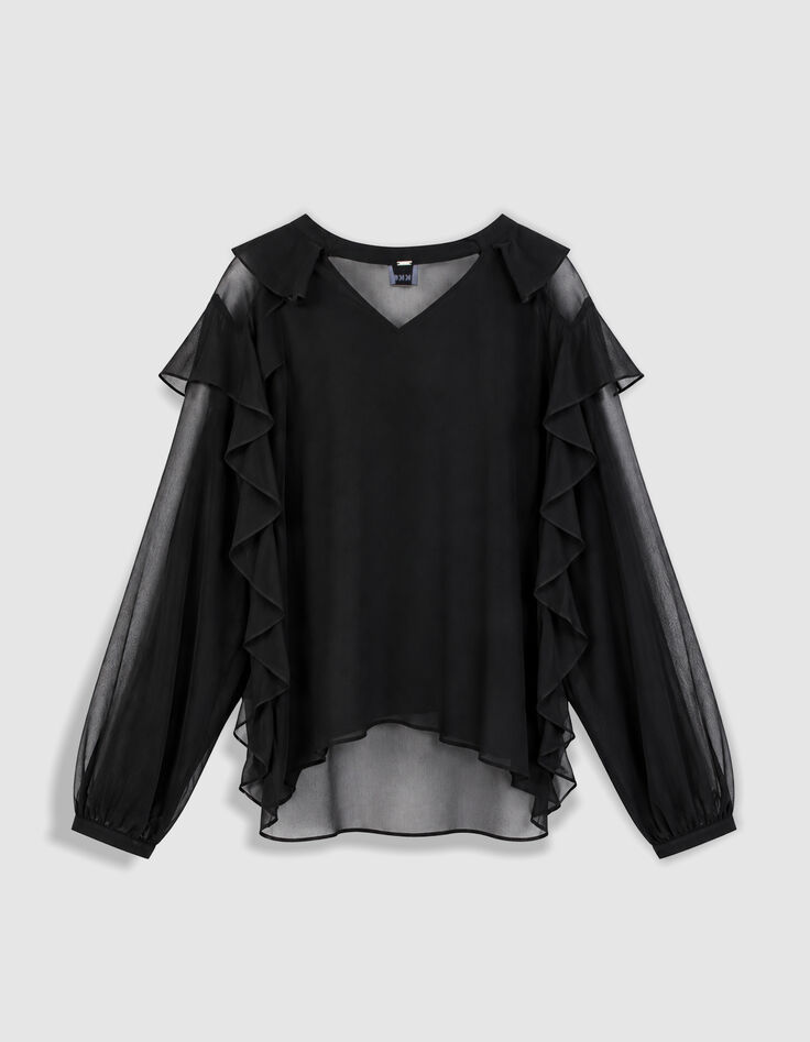 Zwarte, soepel vallende damesblouse met ruches en volants-7