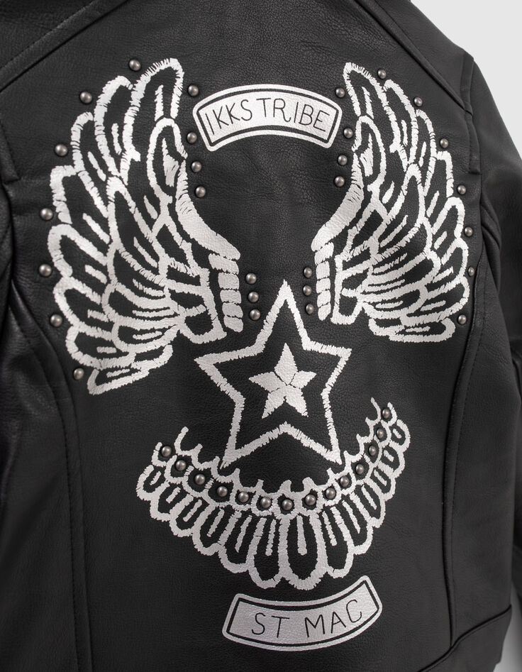 Girls’ black biker-style jacket, studded wings on back-3