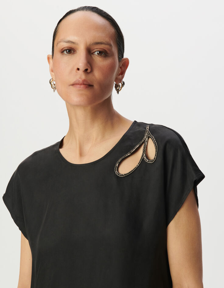 Top noir découpe brodée à nouer côté Femme-4
