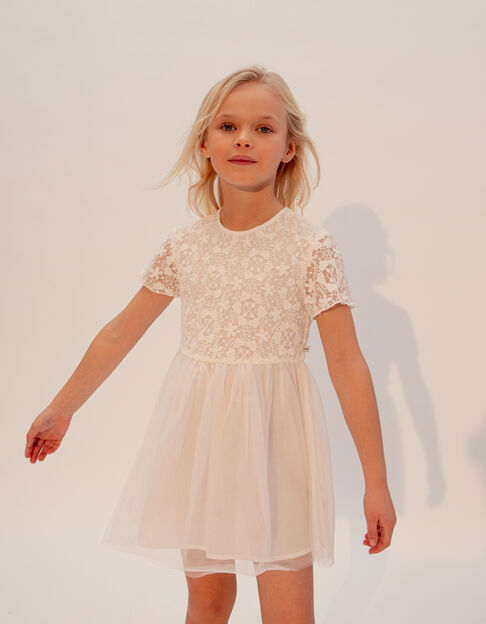 Witte jurk twee materialen kant en tule meisjes - IKKS