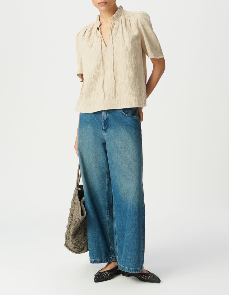 Top en gaze de coton beige clair pour femme-2