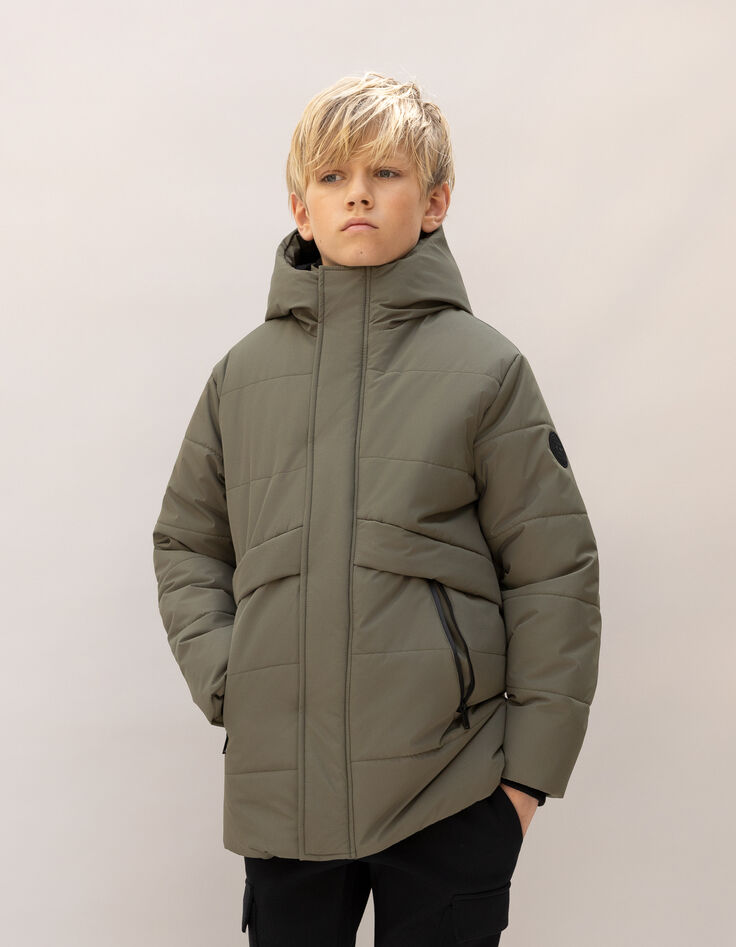 Lange khakifarbene gesteppte Daunenjacke für Jungen-1