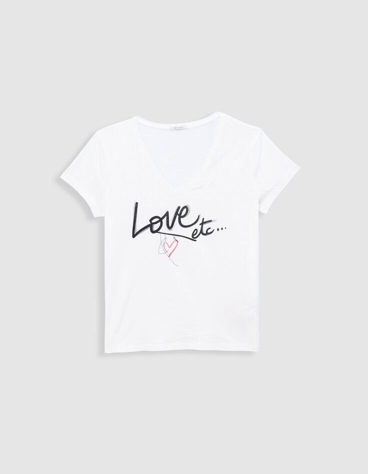 Tee-shirt col V blanc coton bio message Femme-5